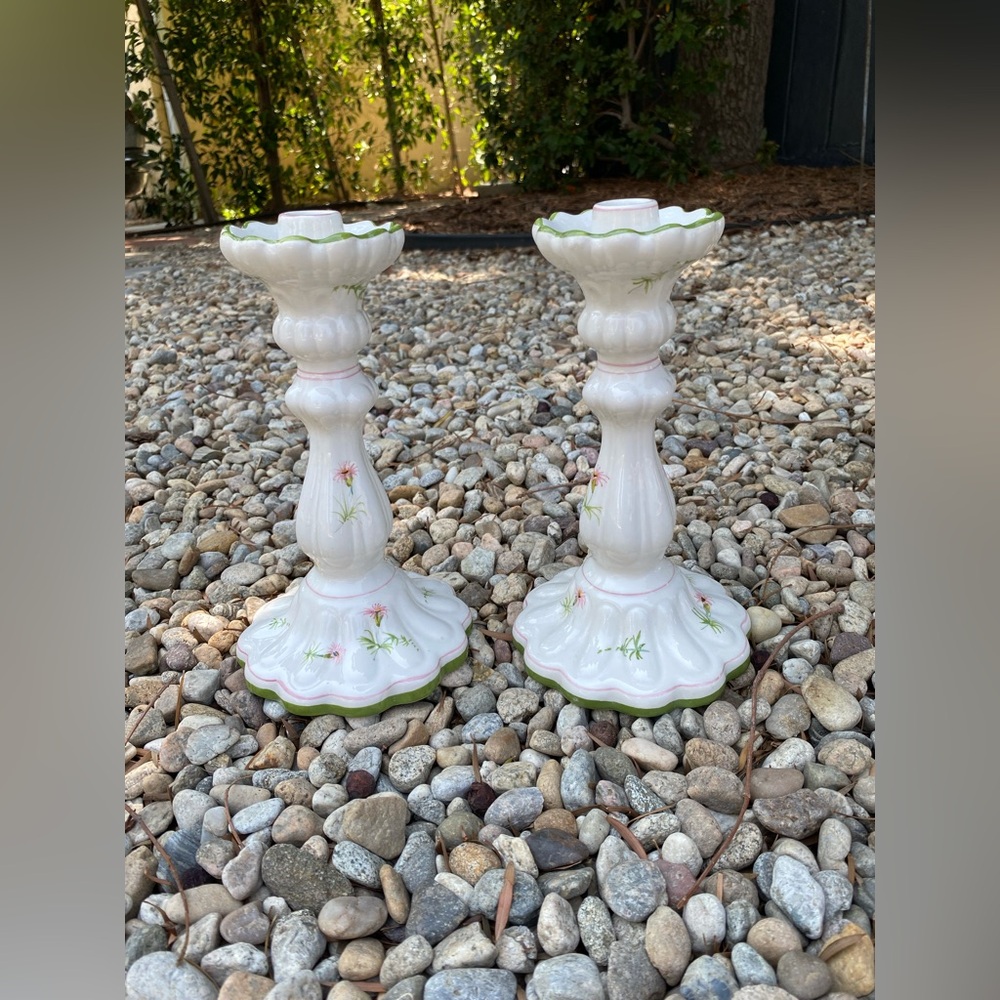 Vintage Peasant Village Candlesticks P.V. #79117Italy white  ￼ Floral Green Trim